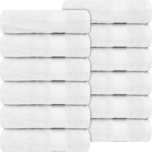 Ample Decor Hand Towel 18 X 28 Inch Pack of 12 600 GSM 100% Cotton Soft Absorbent Thick Durable Premium Quality, for Hotel, Bathroom, Spa, Daily Use, Gym - White