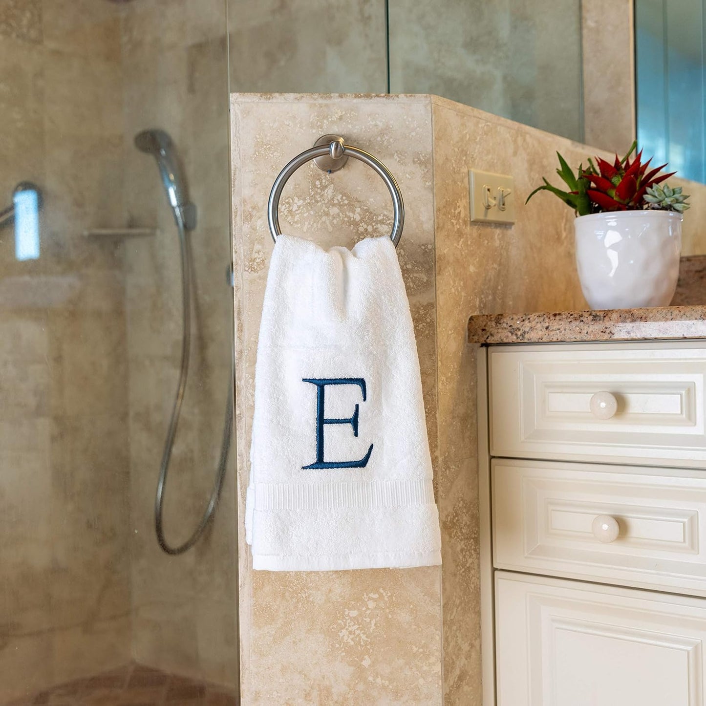 Monogrammed Hand Towels for Bathroom - Luxury Hotel Quality Personalized Initial Decorative Embroidered Bath Towel for Powder Room, Spa - GOTS Organic Certified - Set of 2 Navy Letter E