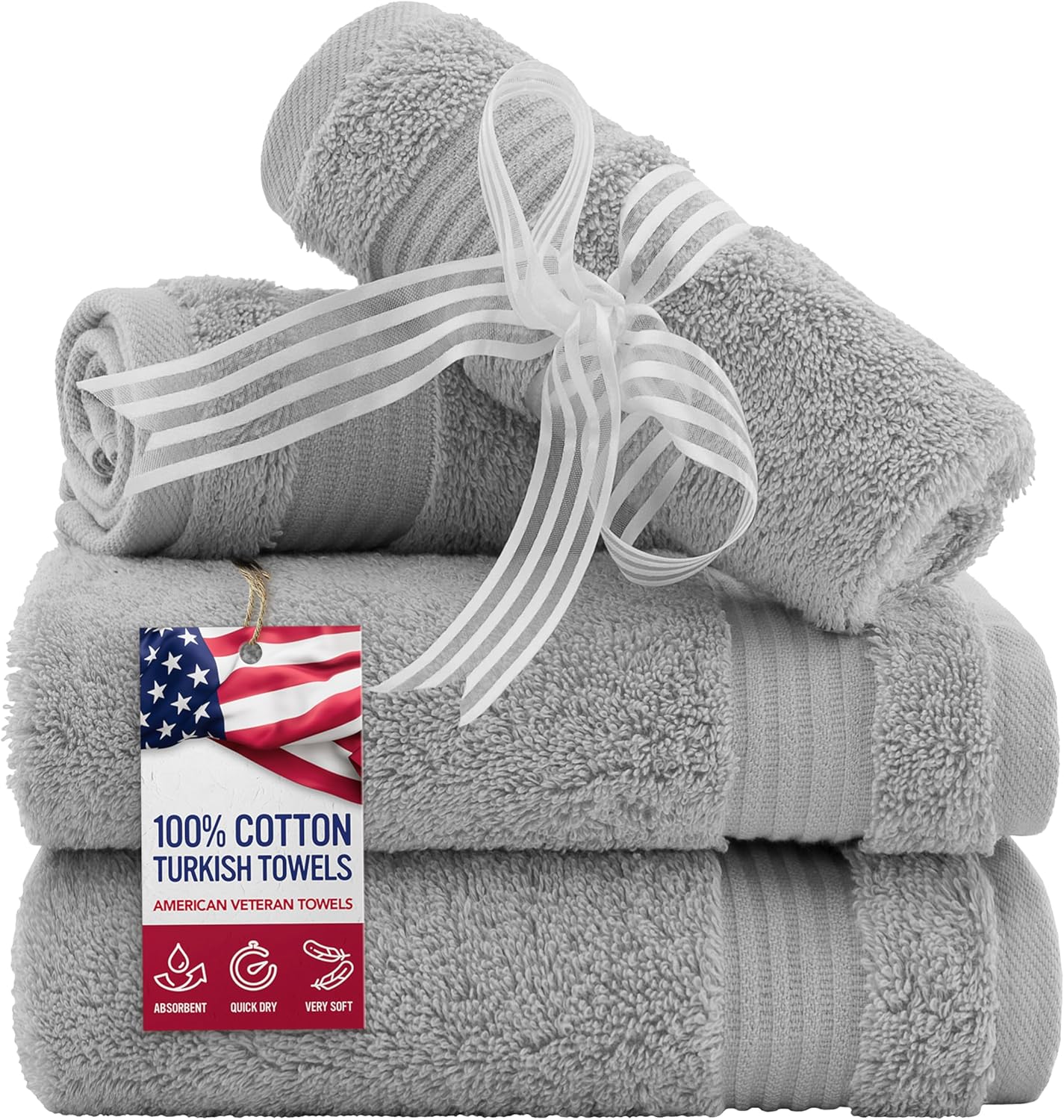 American Veteran Towel, 100% Cotton Turkish Washcloths for Bathroom Essentials 4 Pack, Soft Absorbent Wash Cloths Quick Drying Small Towels Washrags, Light Grey