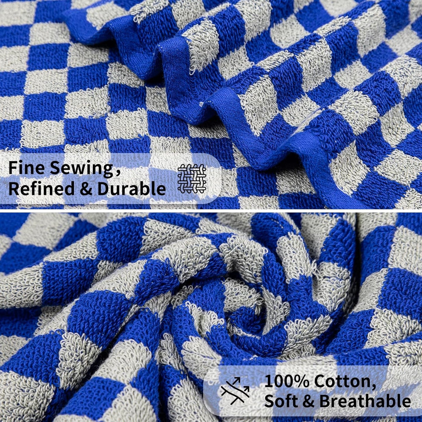 Checkered Bath Towels Set of 6 Large, 520GSM, 100% Cotton Shower Towels * 2 (55.12"*27.56"), Hand Towels * 4 (29.52"*13.77"),Towels for Bathroom、Pool、Hotel, Spa, Soft Absorbent（Midnight Blue