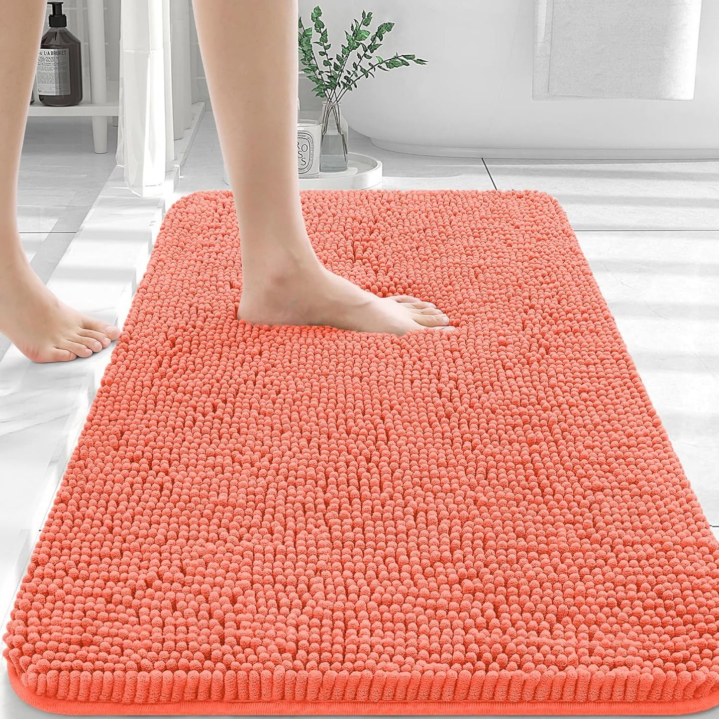 OLANLY Bathroom Rugs 36x24, Extra Soft Absorbent Chenille Bath Rugs, Rubber Backing Quick Dry, Machine Washable Bath Mats for Bathroom Floor, Tub and Shower, Home Decor Accessories, Coral