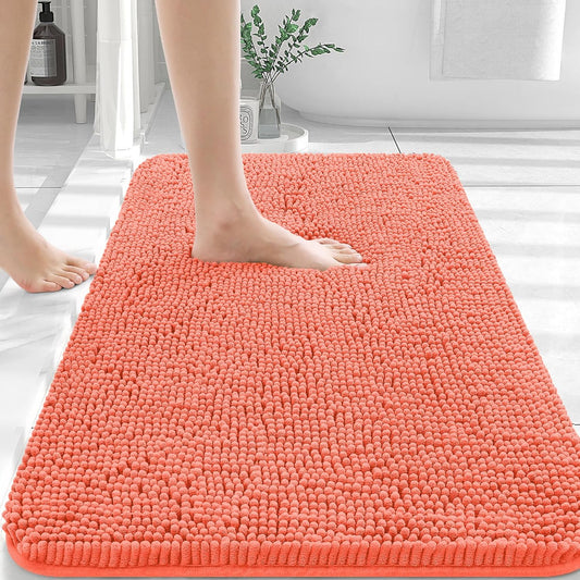 OLANLY Bathroom Rugs 36x24, Extra Soft Absorbent Chenille Bath Rugs, Rubber Backing Quick Dry, Machine Washable Bath Mats for Bathroom Floor, Tub and Shower, Home Decor Accessories, Coral