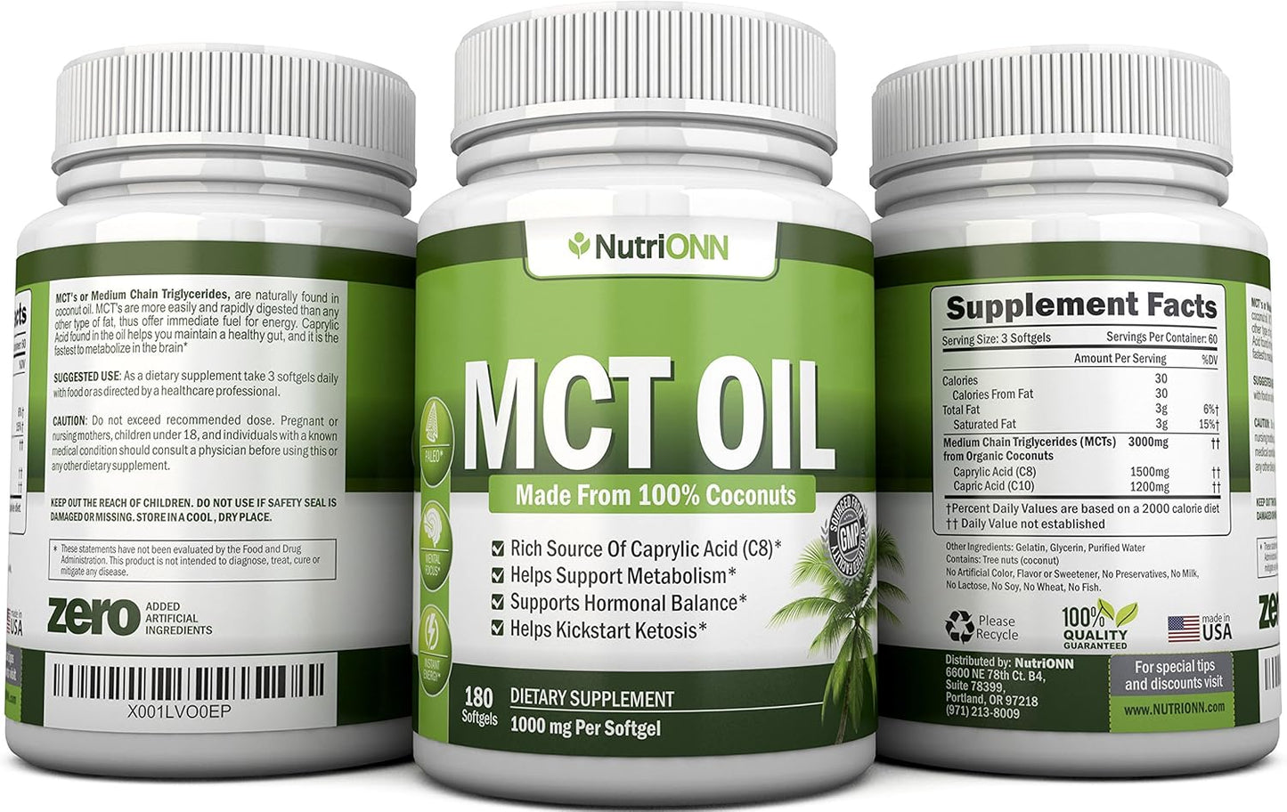 MCT Oil - 3000mg Per Serving - 180 Softgels - Made from 100% Organic Coconuts - Non GMO, Cold Pressed, Paleo Friendly Capsules - Great for Focus & Gut Health