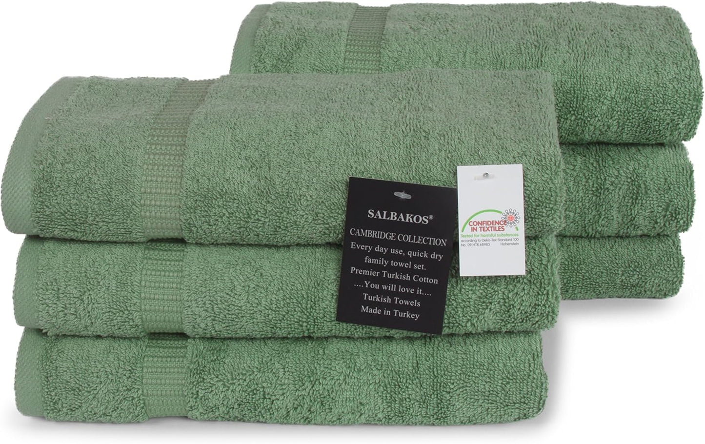 SALBAKOS 100% Turkish Cotton Hand Towel Set of 6 16x30 inch | Heirloom Quality | Hotel & Spa Collection | Ultra Soft, Super Absorbent, Long Lasting Hand Towels | Made in Turkey (Green, 6 Hand Towels)