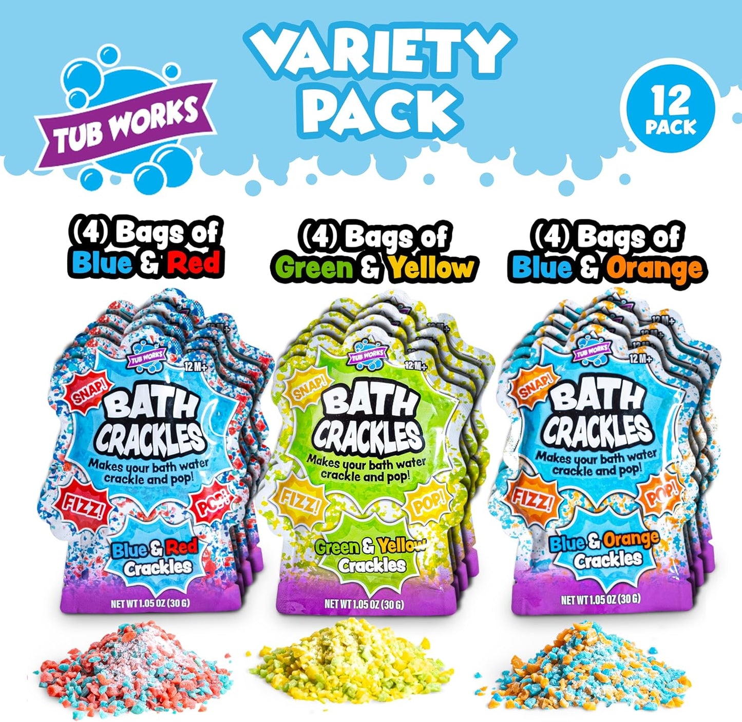 Tub Works® Bath Crackles Bath Toy, Variety 12 Pack | Nontoxic & Fragrance-Free | Makes Bath Water Crackle & Pop for a Unique Kids Bath | Swirl Water for Fizzy Fun | Sensory Kids & Toddler Bath Toys