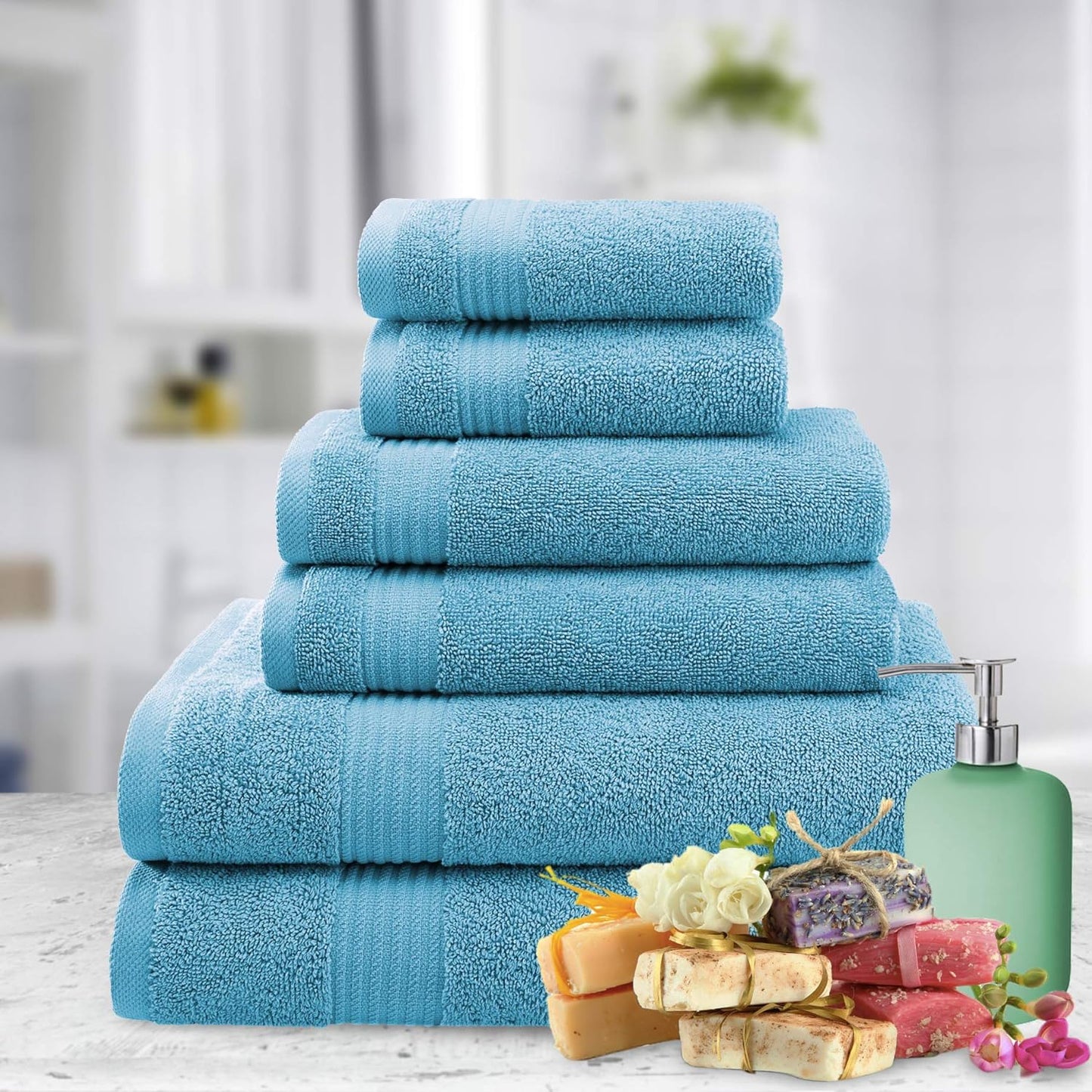 American Veteran Towel, 6 Piece Towel Set for Bathroom, 100% Cotton Turkish Bathroom Towels, 2 Bath Towels 2 Hand Towels 2 Washcloths, Sky Blue