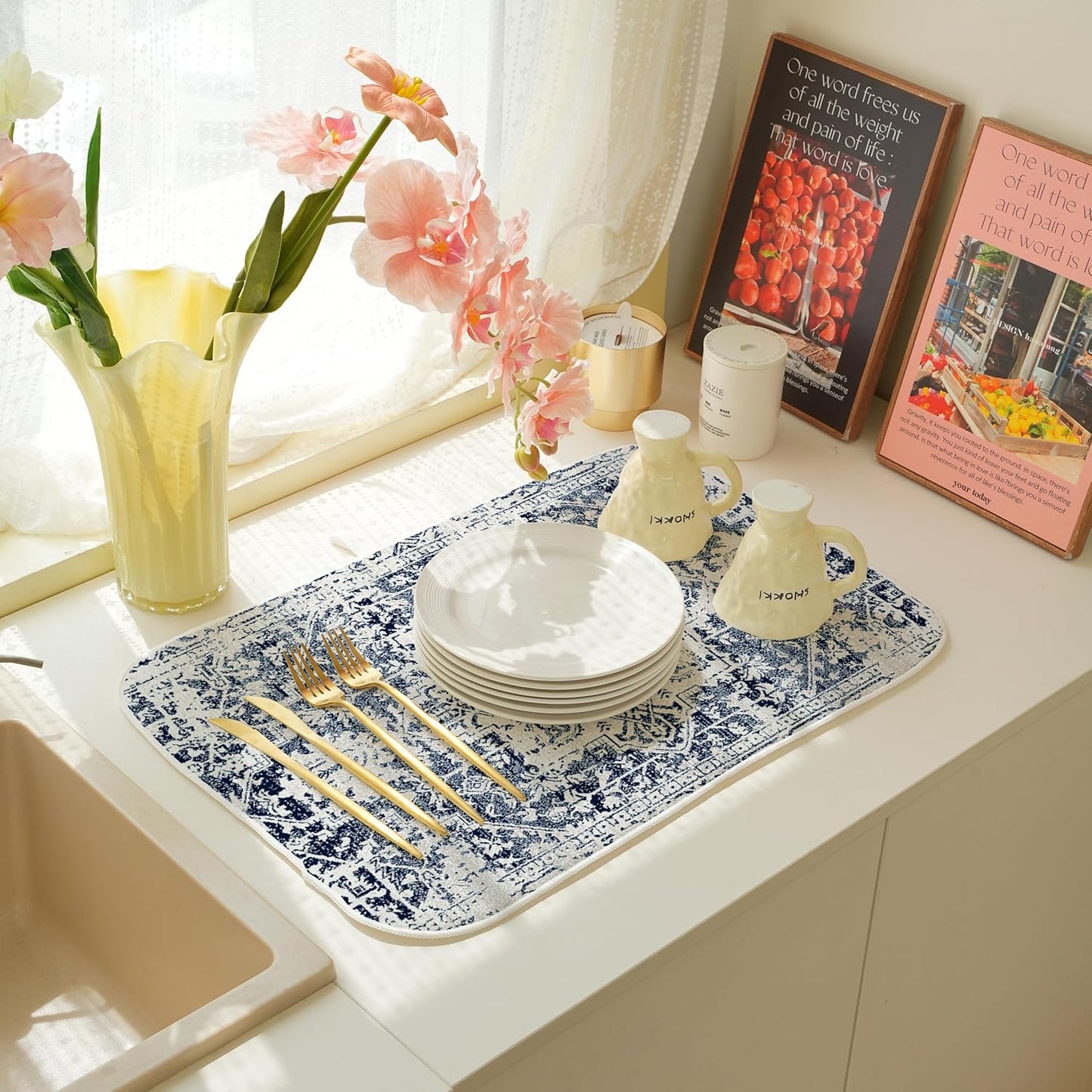 Blue Dish Drying Mat for Kitchen Counter, 18x24 Inch Blue White Boho Style Absorbent Dish Drying Pad Heat Resistant Mat Coffee Bar Mat Dish Drainer Rack Mat