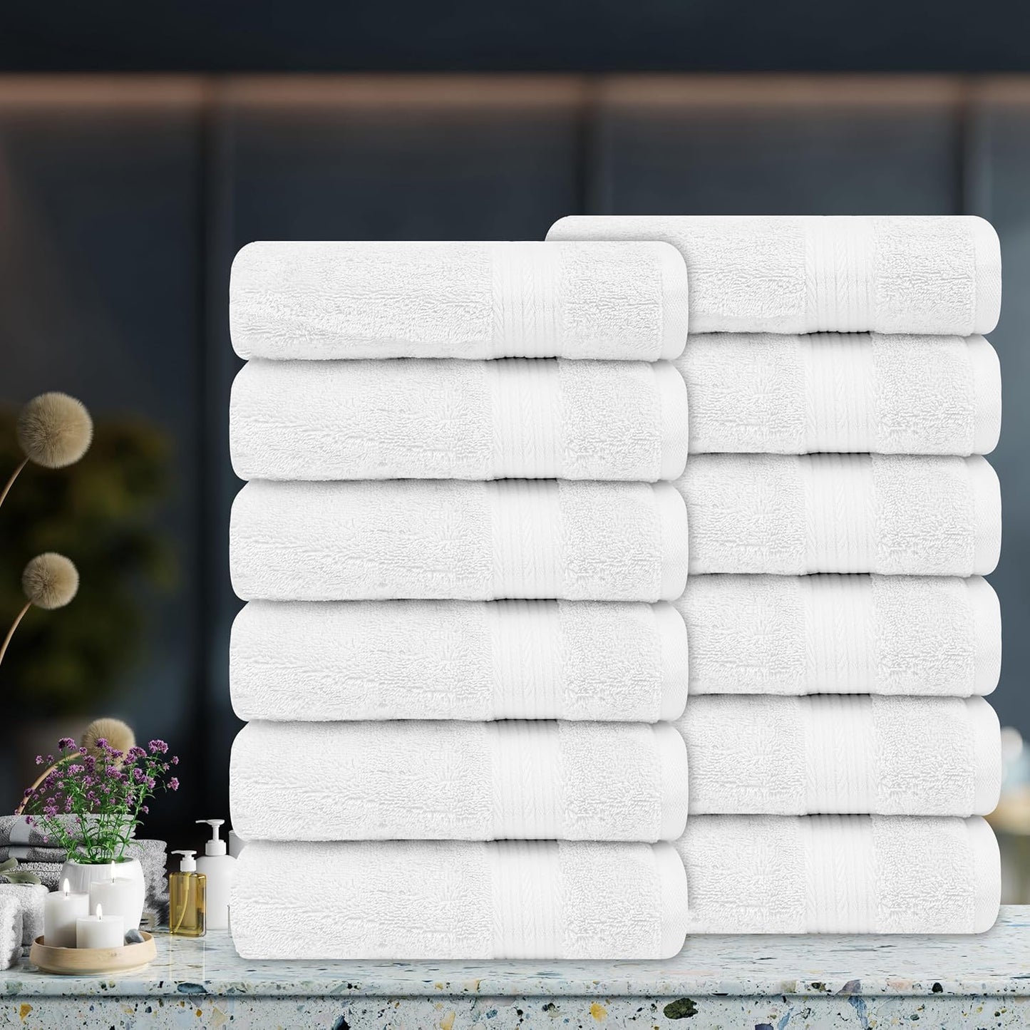 Ample Decor Hand Towel 18 X 28 Inch Pack of 12 600 GSM 100% Cotton Soft Absorbent Thick Durable Premium Quality, for Hotel, Bathroom, Spa, Daily Use, Gym - White