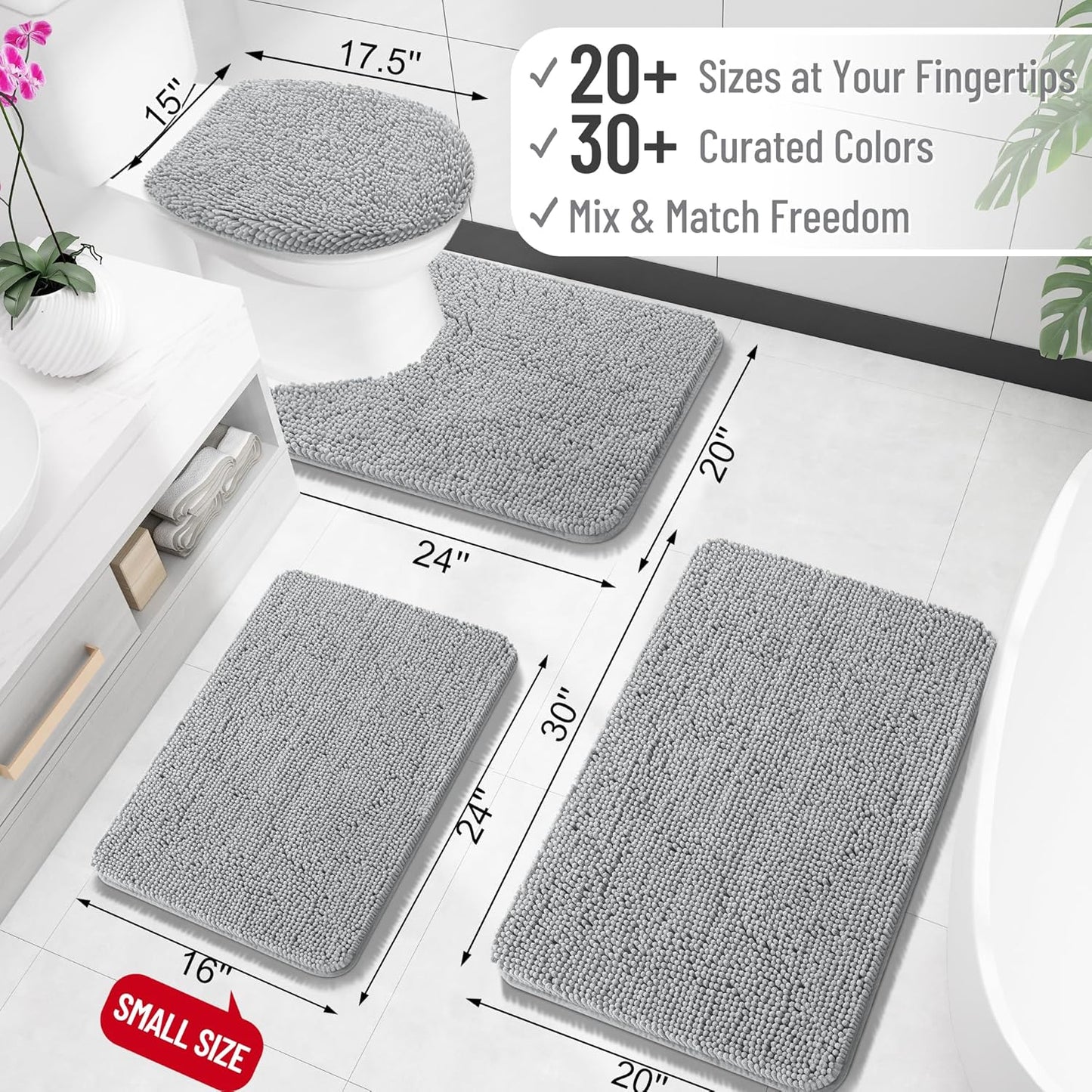 OLANLY Toilet Rugs U-Shaped 24x24, Extra Soft Absorbent Chenille Contour Bathroom Rugs for Toilet, Dry Quickly, Machine Washable, Non-Slip Bath Mat, Light Grey