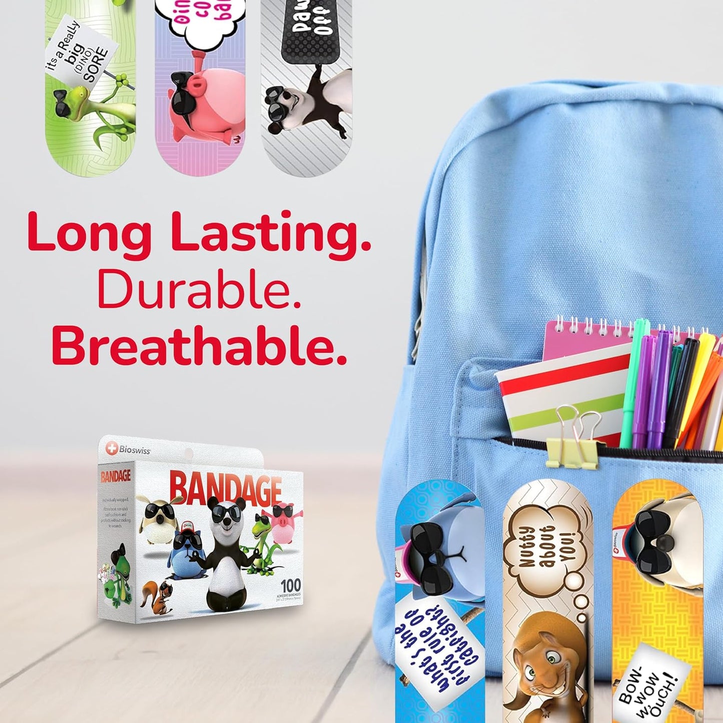 BioSwiss Kids Bandages, Assorted Animal Shaped Variety Self Adhesive Bandage, Latex Free, Sterile Wound Care, 100 Count