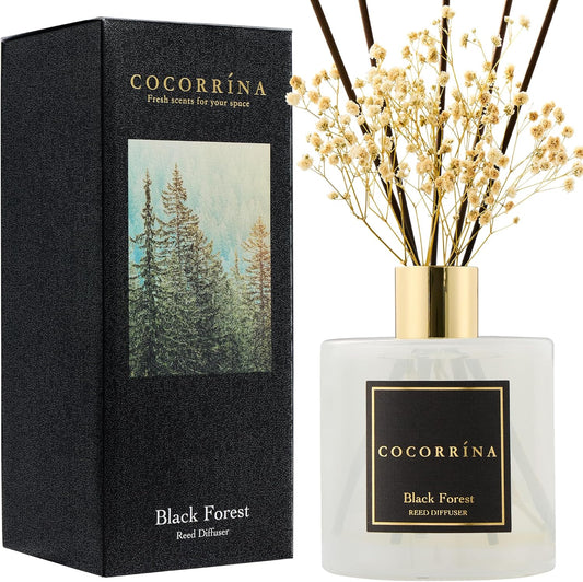 COCORRÍNA Reed Diffuser - Black Forest 17 Fl.oz Reed Diffuser with 8 Sticks Scented Diffuser with Preserved Flowers for Bathroom Home Decor