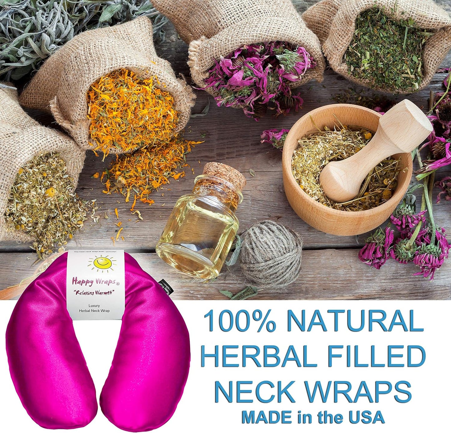 Microwavable Herbal Neck Wrap - Hot Cold Aromatherapy Neck Warming Pillow - Heating Pad for Migraines, Stress, Gifts for Women, Birthdays, Christmas and Free Sleep Mask - Hot Pink Satin