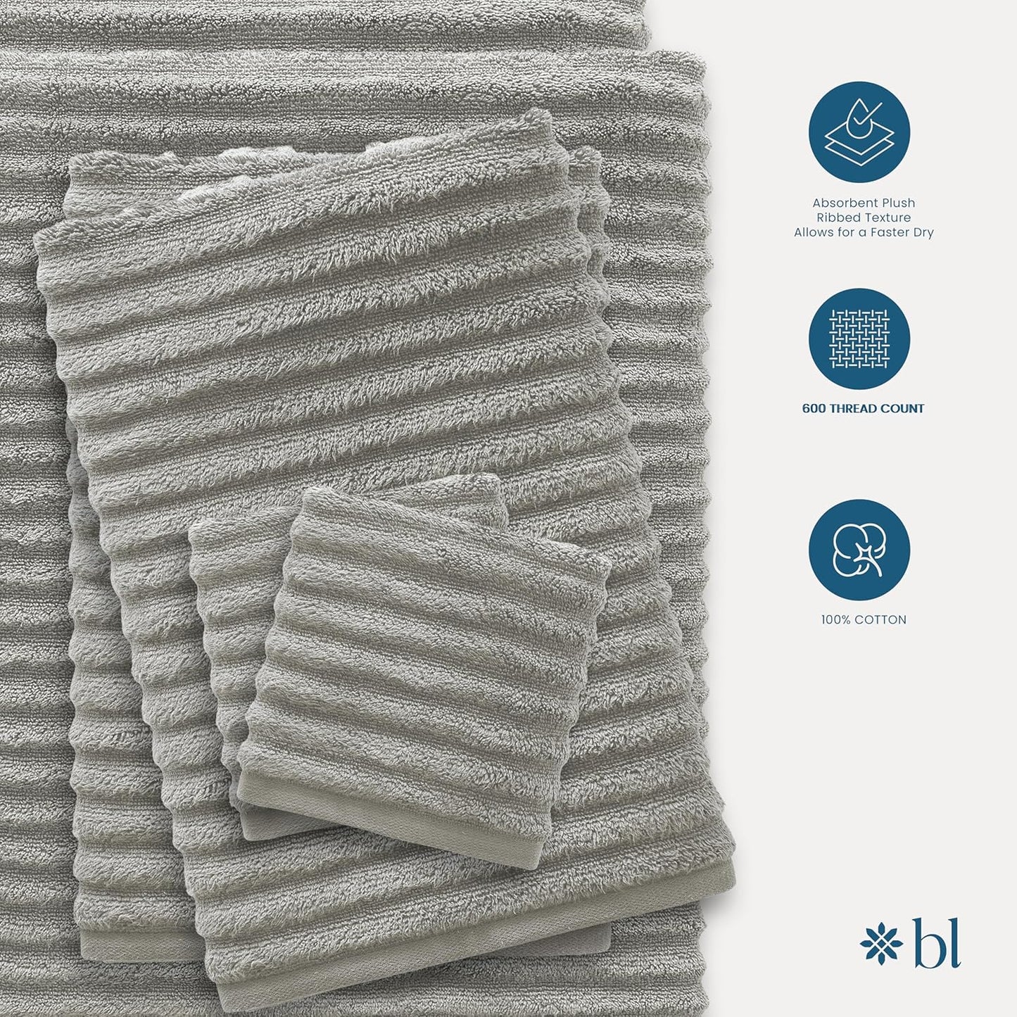 Blue Loom Ribbed Bath Towels Set, 100% Cotton 600 GSM, Soft Absorbent Durable Quick Drying 2 Bath Towels for Bathroom - Mason Set of 2 Stone Grey (58" x 30" Inch)