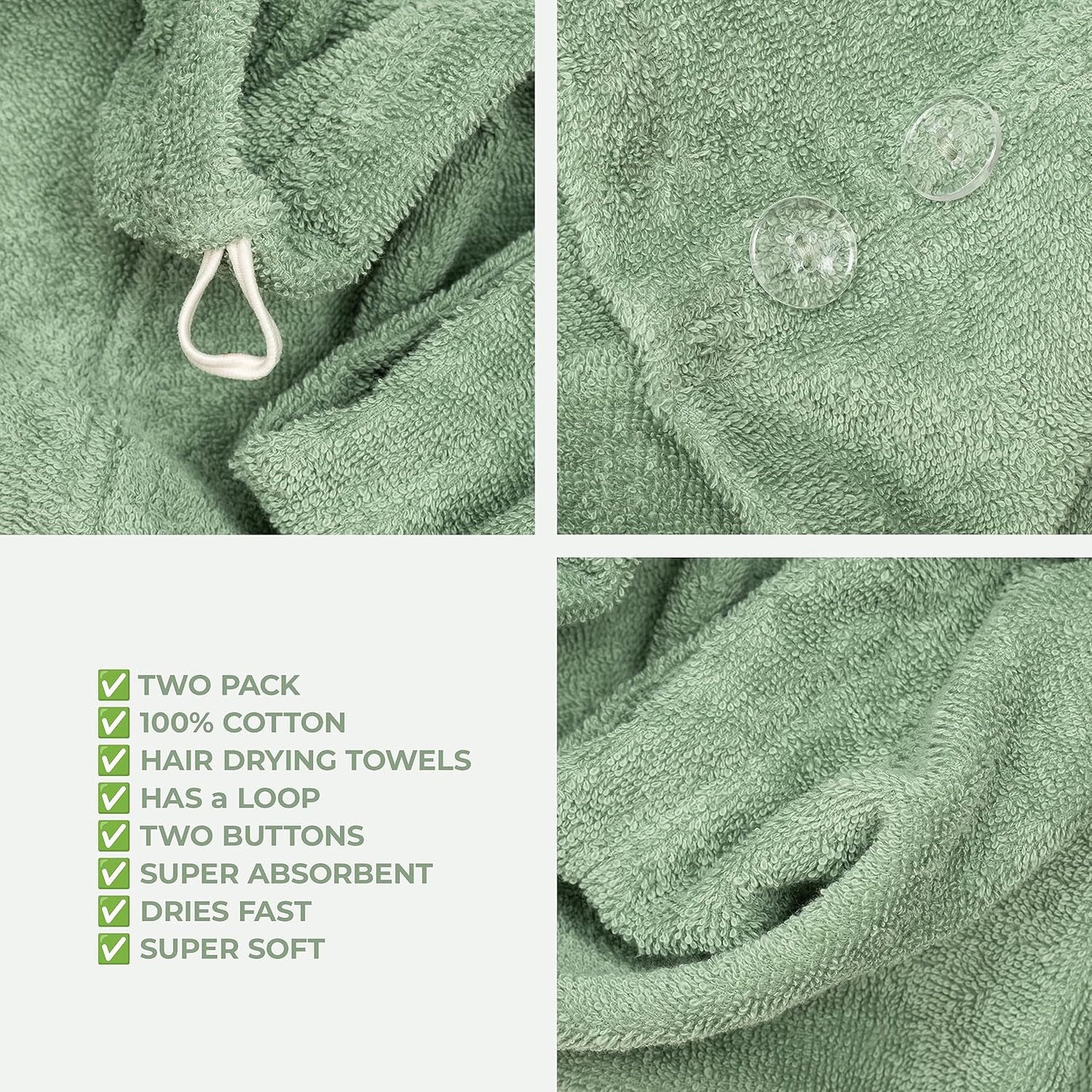 American Soft Linen 100% Cotton Hair Towels for Women, Head Towel Cap, Cotton Hair Turban Towel Wrap for Long Curly Anti Frizz Hair, Soft and Absorbent Cotton Hair Towels 2 Pack, Sage Green