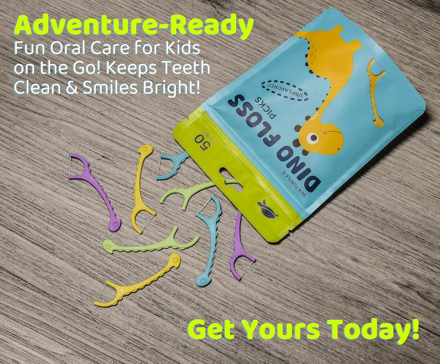 Sea Turtle Kids Dino Floss Picks - Corn Starch Handle - Thin Thread Tooth Dental Flossers - Unflavored (50)