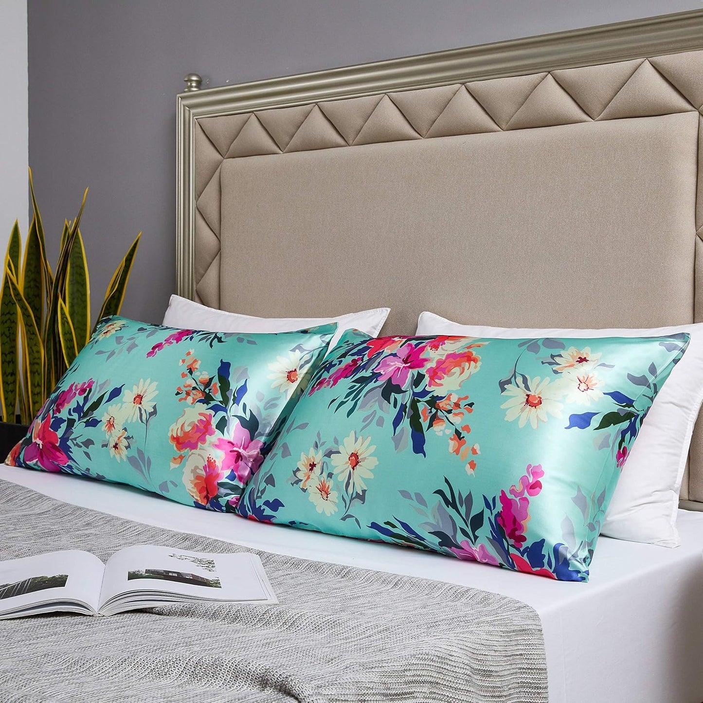 MR&HM Satin Pillowcase for Hair and Skin, Silk Satin Pillowcase 2 Pack, Queen Size Pillow Cases Set of 2, Silky Pillow Cover with Envelope Closure (20x30, Floral Green)