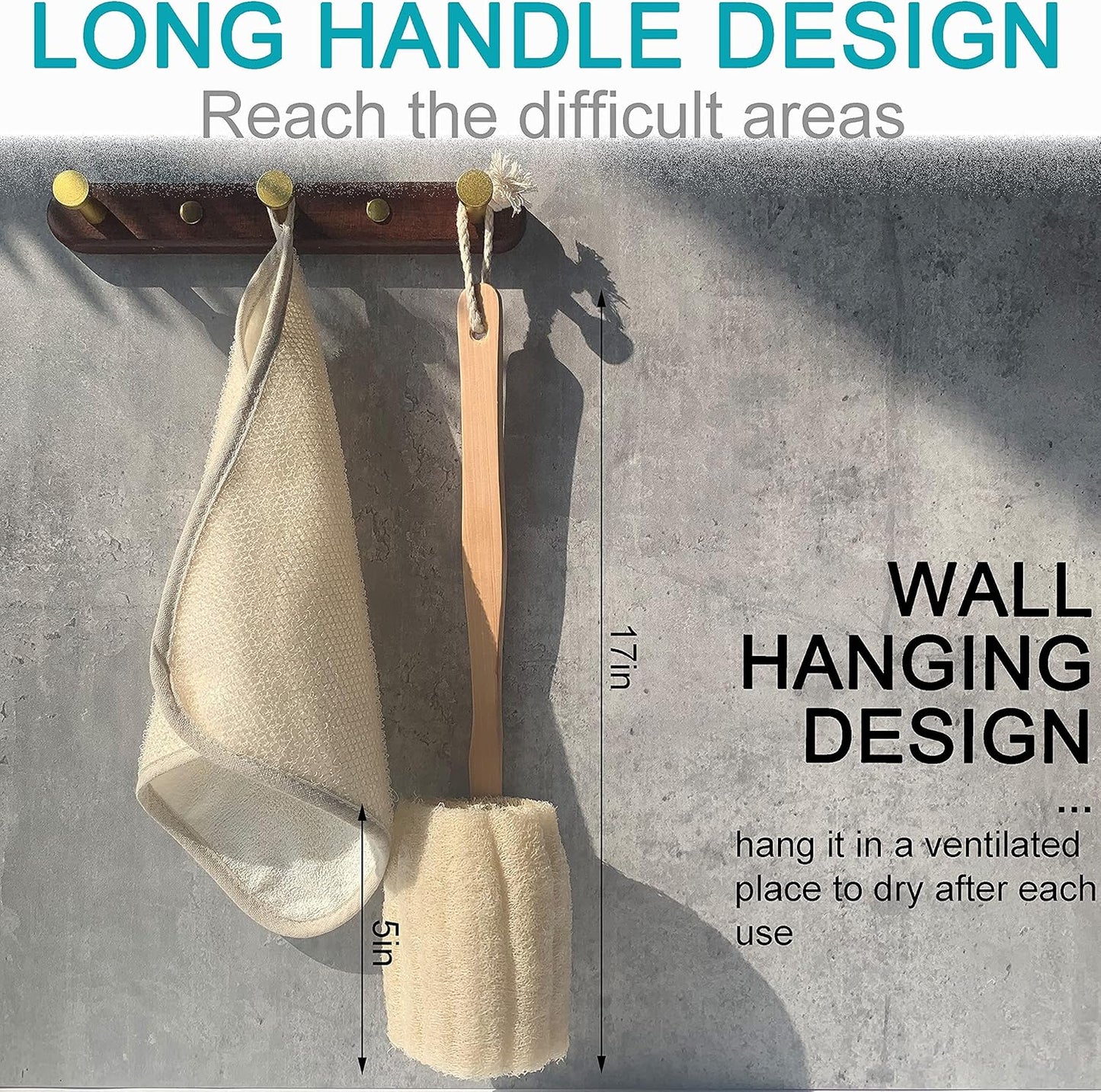 2 Pack Natural Exfoliating Loofah luffa loofa Bath Brush On a Stick - with Long Wooden Handle Back Brush for Men & Women - Shower Sponge Body Back Scrubber