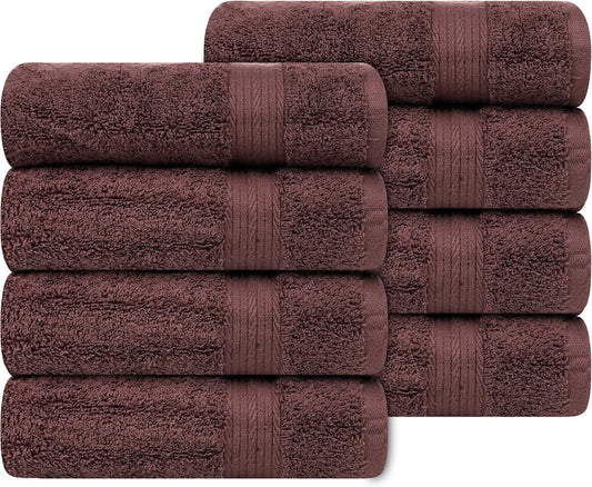 Ample Decor Bathroom Hand Towels 18 X 28 Inch 600 GSM 100% Cotton, Soft Absorbent - 8 Pcs Brown