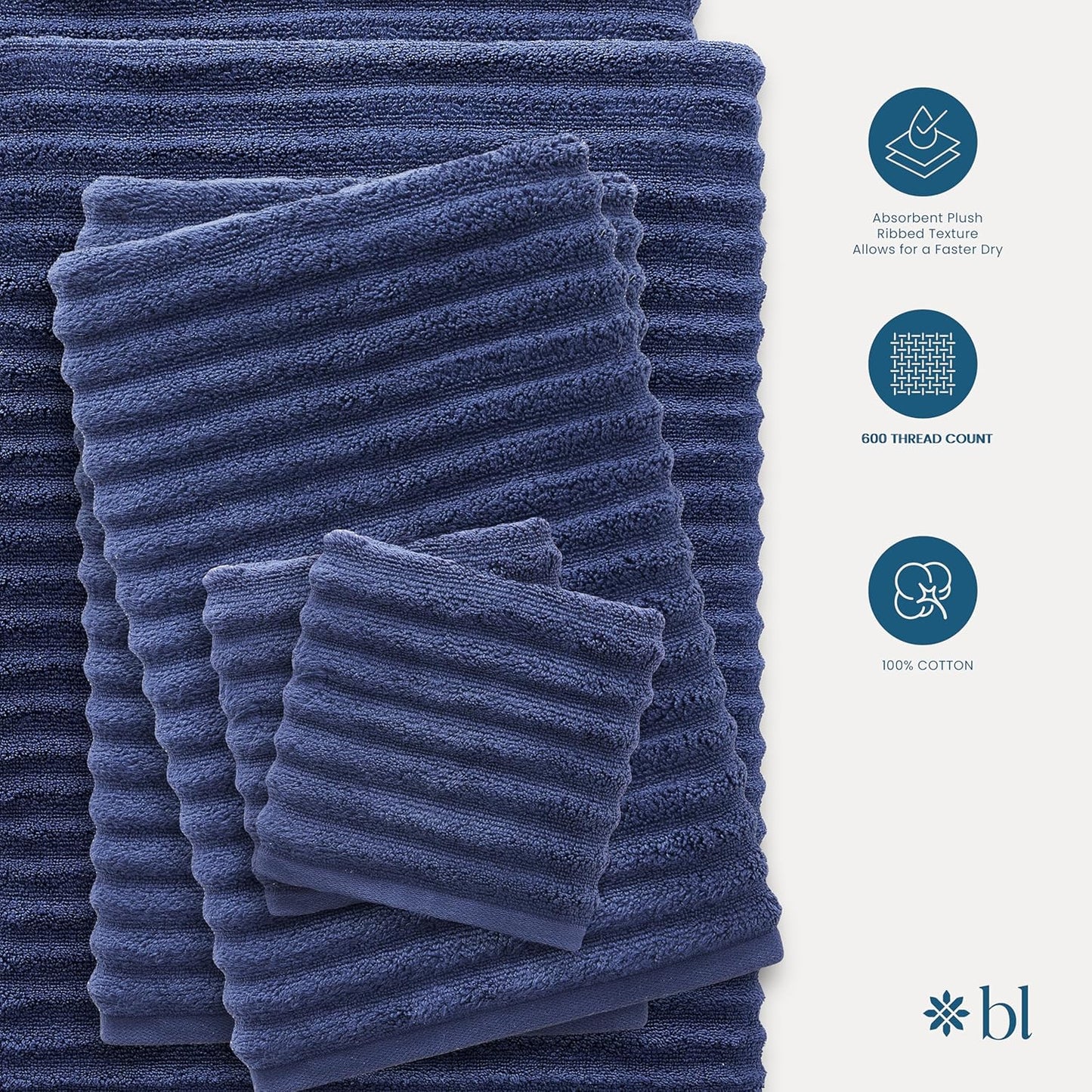 Blue Loom Ribbed Bath Towels Set, 100% Cotton 600 GSM, Soft Absorbent Durable Quick Drying 2 Bath Towels for Bathroom - Mason Set of 2 Navy (58" x 30" Inch)