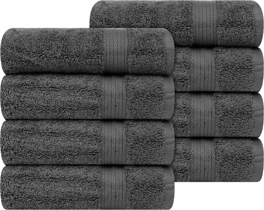 Ample Decor Hand Towel 18 X 28 Inch Pack of 8 600 GSM 100% Cotton,Oeko Tex Certified Soft Absorbent Thick Durable Premium Quality, for Hotel, Bathroom, Spa, Daily Use,Gym -Machine Washable -Grey