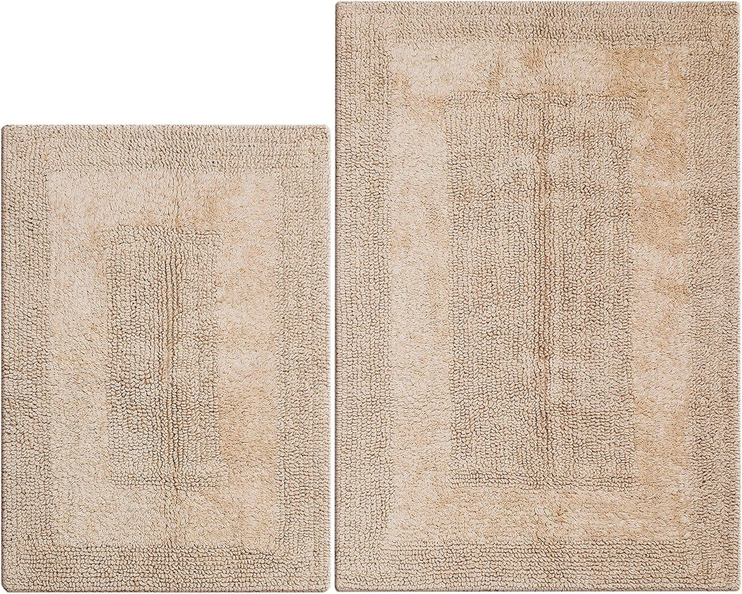 Bathroom Rugs Set 2 Piece Linen Beige Cotton Tufted Reversible Washable Bath Mats for Bathroom Floor| Quick Dry Bathroom Mat for Tub Spa Shower Toilet| Entry Way Door Mats|21x32 & 17x24 Inches