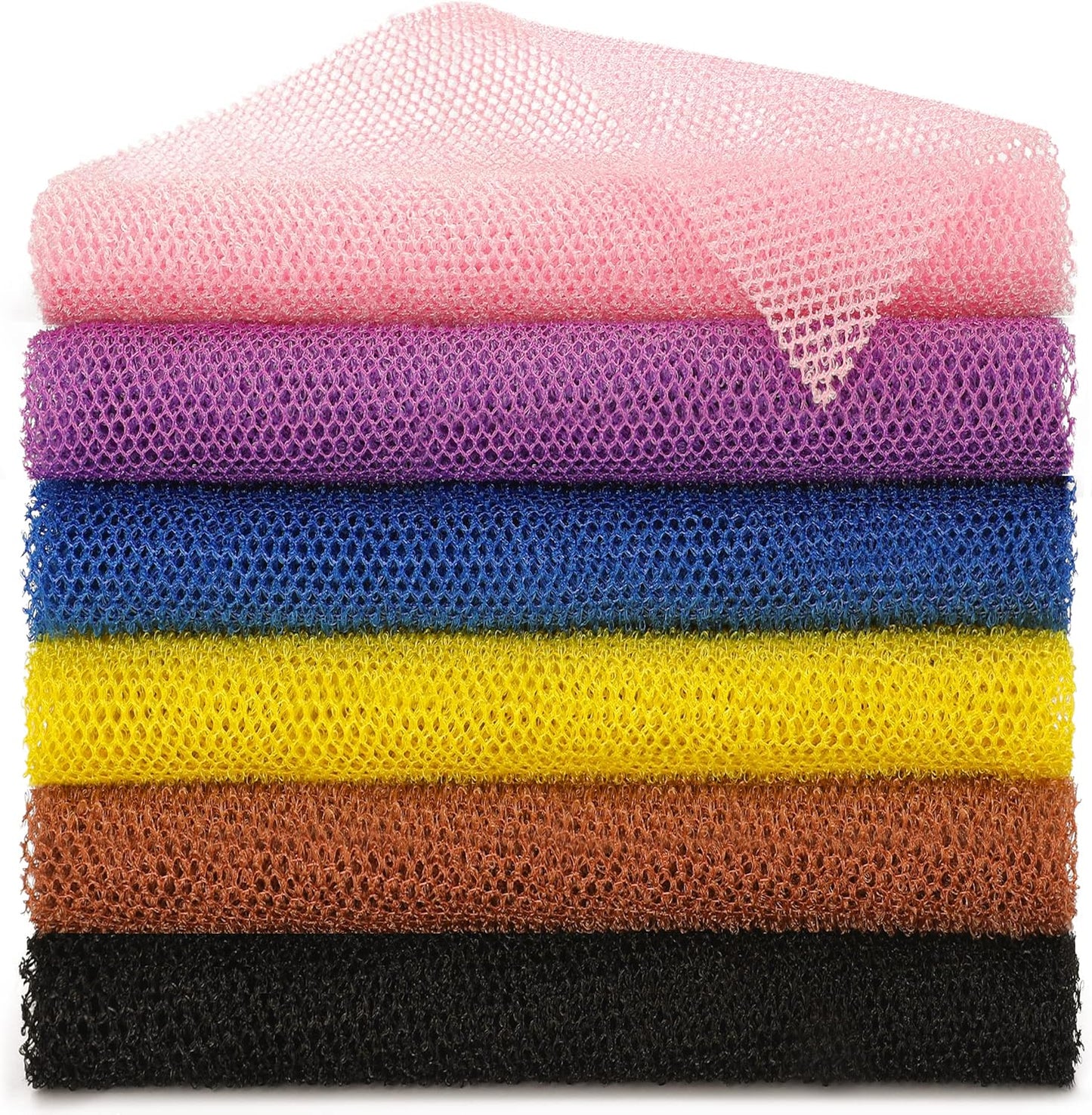 BHYTAKI 6 Pieces African Net Sponge African Exfoliating Net Long African Bath Sponge Washcloth Shower Net African Body Scrubber Net for Skin Smoother Daily Use(Pink,Yellow,Purple,Black,Blue,Brown)