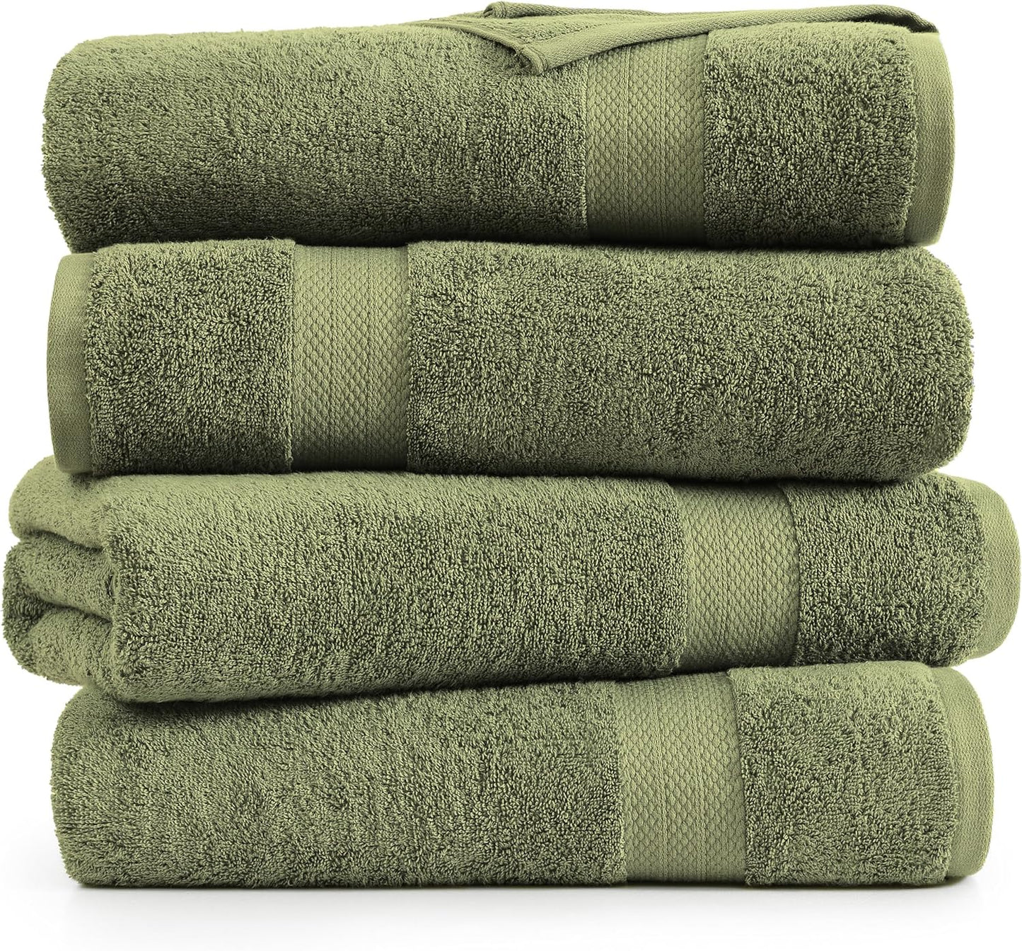 Lane Linen 100% Cotton 4 Pack Bath Towels (28"x54") - Ring Spun Mercerized Cotton Bathroom Towels Set - Quick Dry, Highly Soft & Absorbent Large Bath Towels - Tumble Dry Regains Fluffiness - Oil Green