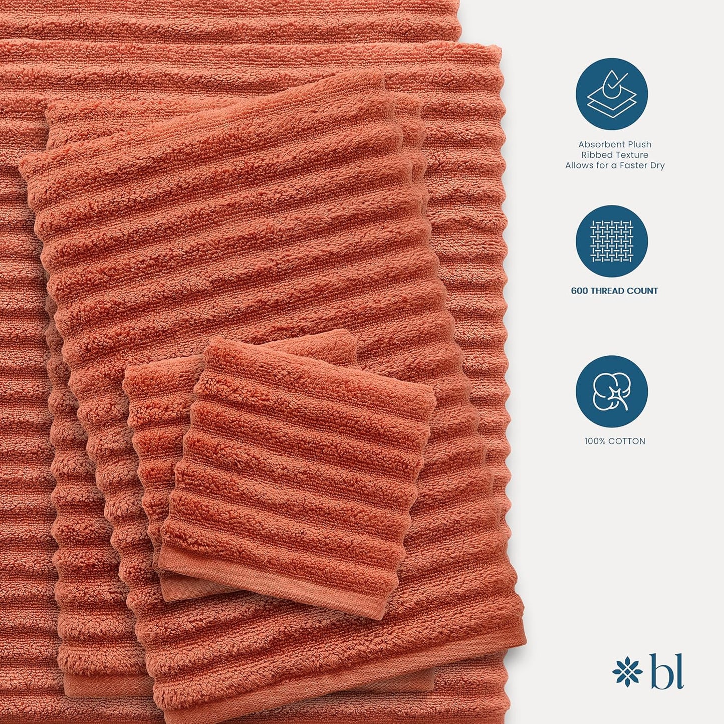 Blue Loom Ribbed Hand 2 Towels Set, 100% Cotton 600GSM, Soft Absorbent Durable Quick Drying for Bathroom - Mason 2 Piece 18" x 30" - Terracotta